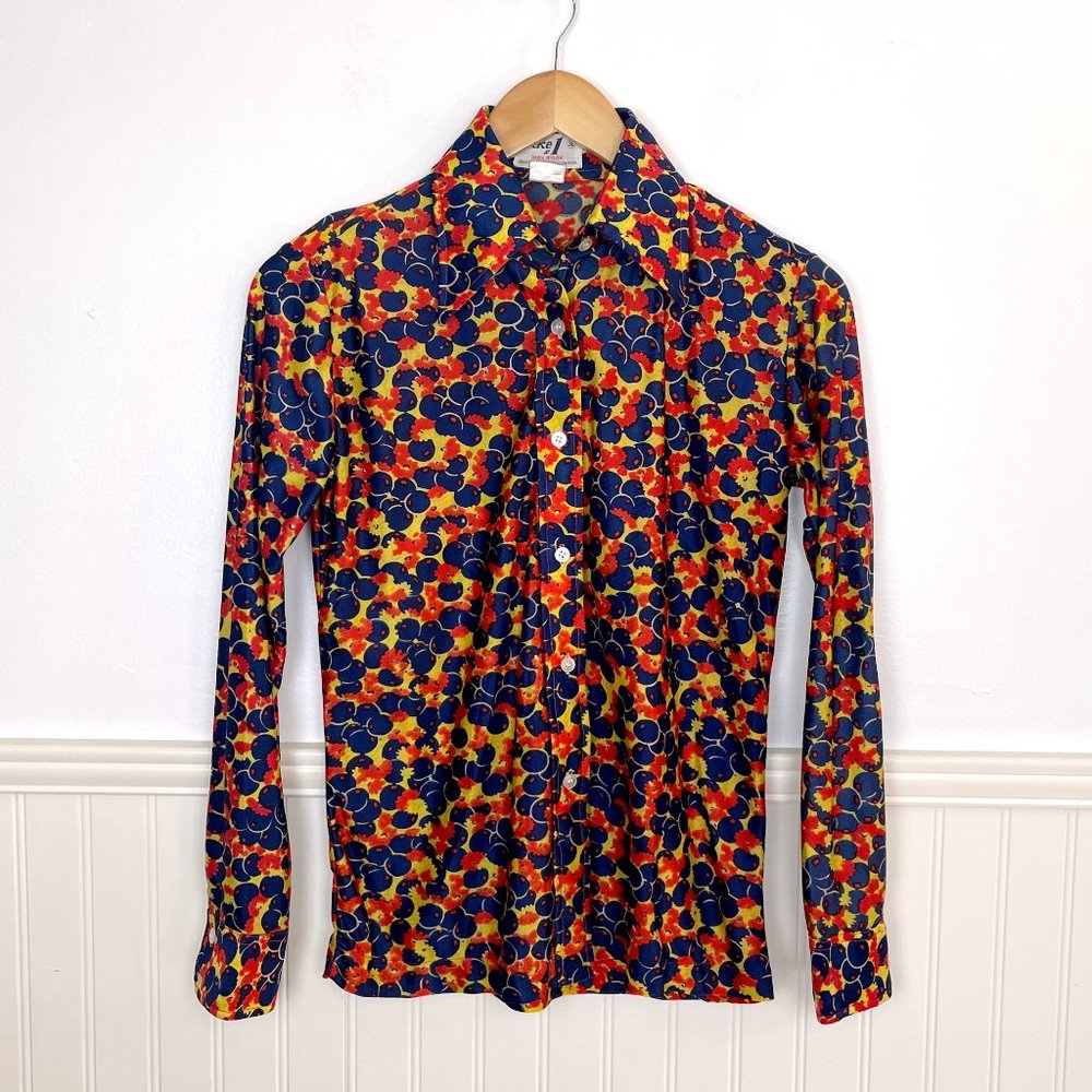 Vintage 1970s blueberry and flower print disco shirt - size small - Picture 5 of 9